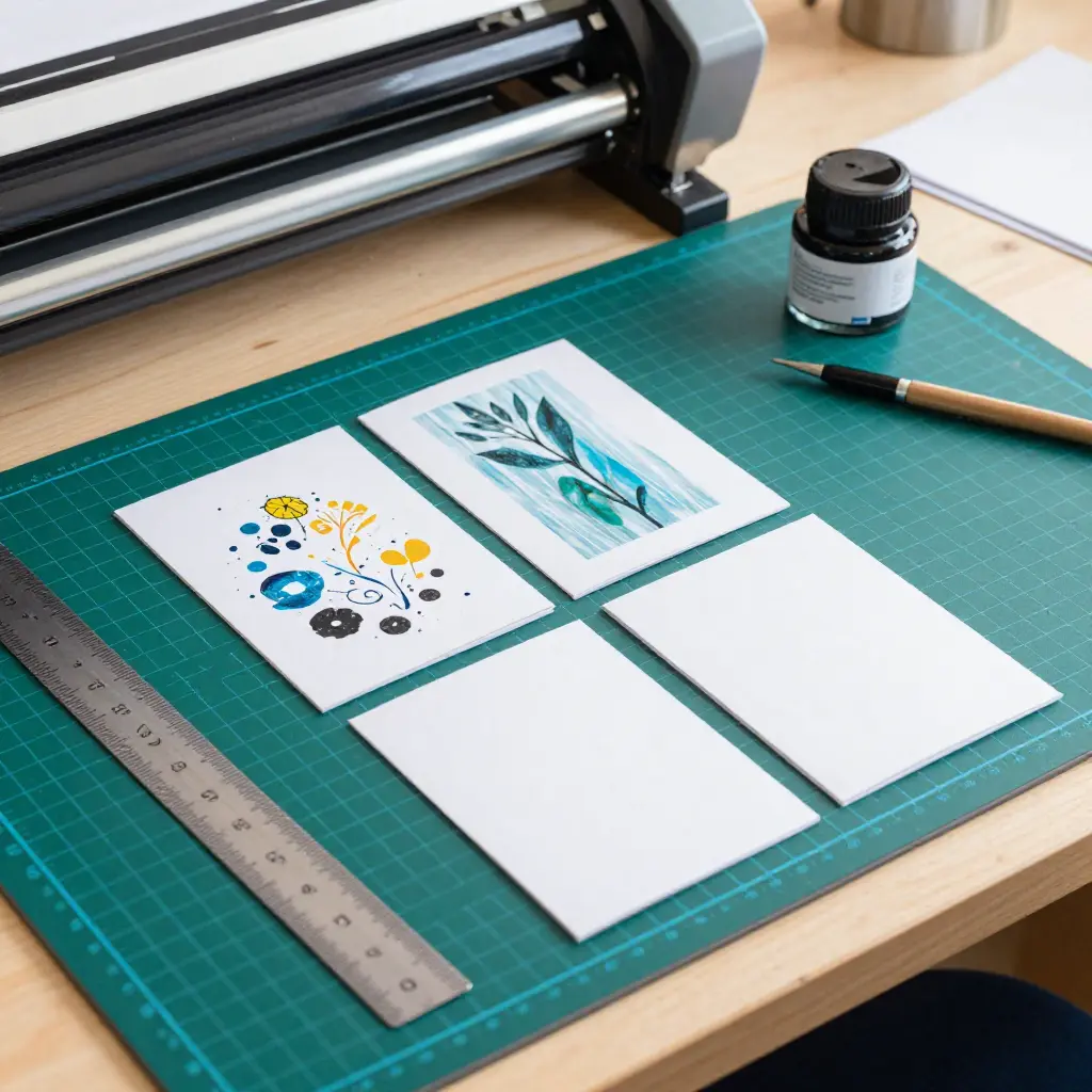 Thivarelix printing studio workspace with design tools and card samples